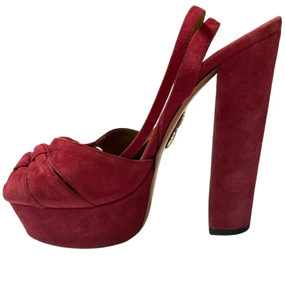 Aquazzura Mira Red Suede Platform Heels IT 37.5 US 7.5 Block Slingback Sandals